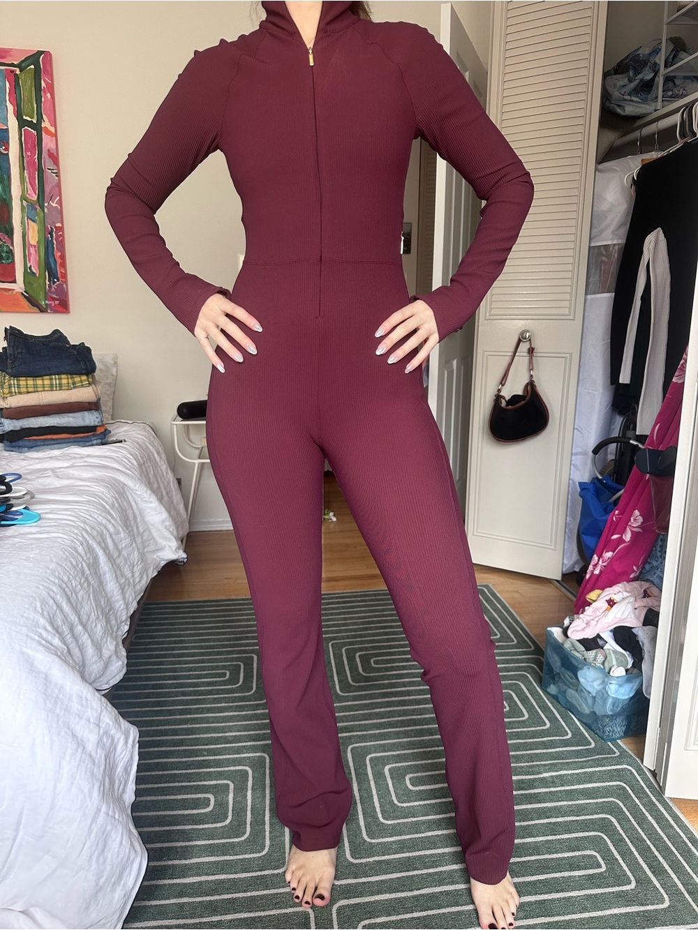 Exclusive Athleta Women’s Zip-Front Ribbed Jumpsuit in Burgundy
